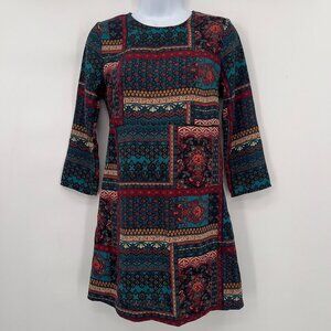 Abercrombie & Fitch XS Multicolor Boho Patchwork Mini Dress – 3/4 Sleeve